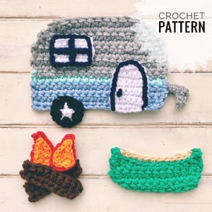 May include: Crochet pattern for a camper, campfire, and canoe. The camper is gray with a blue stripe and a white door. The campfire is brown with orange flames. The canoe is green with a tan rim.