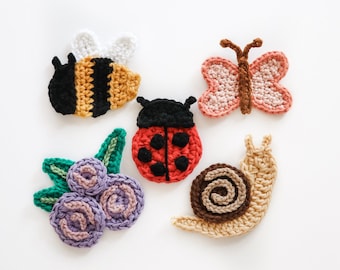 Crochet Pattern | Garden Applique Bundle | Bumblebee | Flowers | Snail | Ladybug | Butterfly