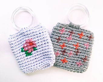 PATTERN | Crochet T-Shirt Yarn Mini Ring Bag | Purse | Handbag | Beginner Tutorial | Video | Small | Flowers | Accessory | Quick Pattern