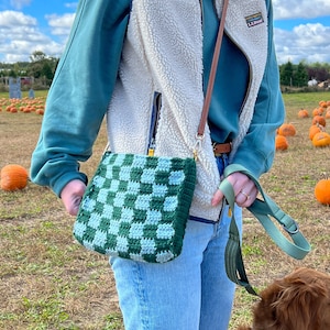 May include: A person wearing a blue and white checkered crochet bag, a white fleece vest, and blue jeans. The person is holding a green leash attached to a brown dog.