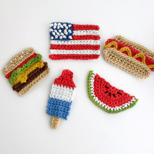 Crochet Pattern | Fourth of July Applique Bundle | Crochet Garland | Decoration | Hamburger | Hotdog | USA | Watermelon