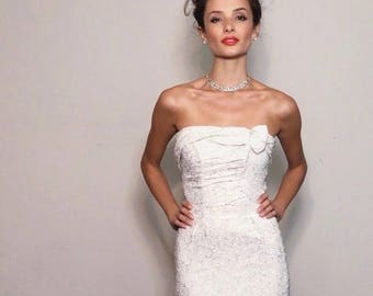 Tinseltown Dress | 1950s Vintage White + Silver Long Strapless Wiggle Dress | Size XS