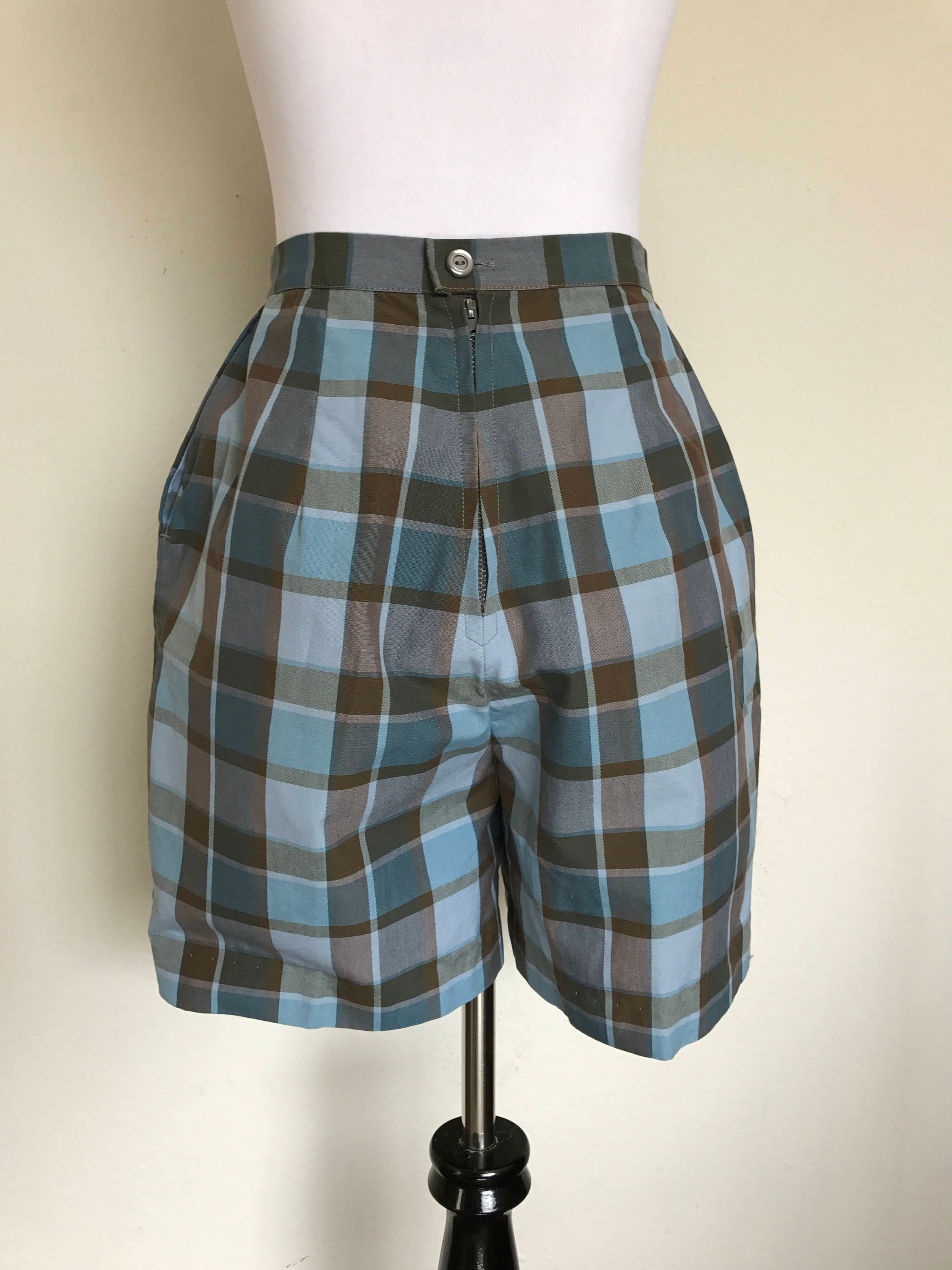 Audrey Shorts 1960s Vintage Pinup Blue Plaid High Waisted | Etsy