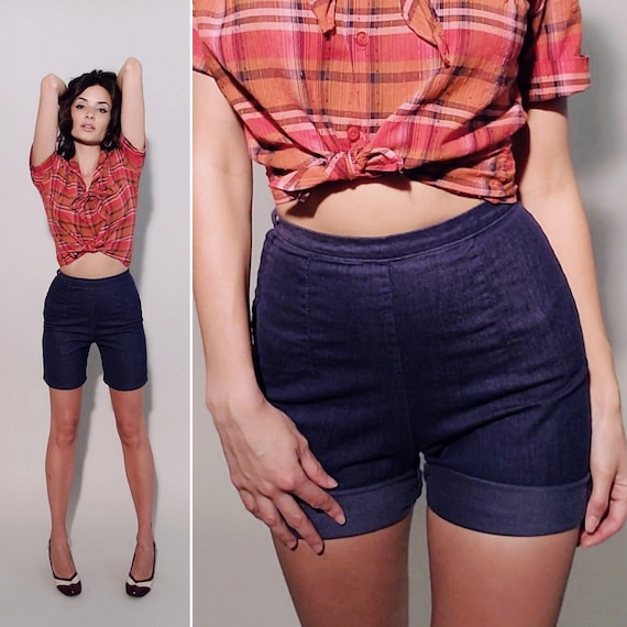 Denim Pinup Shorts 1950s Vintage High waisted Dark Blue Wash Soft