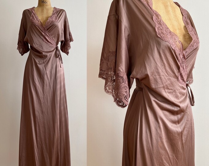 Olga Robe | 1980s Vintage OLGA Mauve-Cocoa Satiny Nylon and Lace Wrap-Style Short Sleeve Full Length Dressing Gown | S