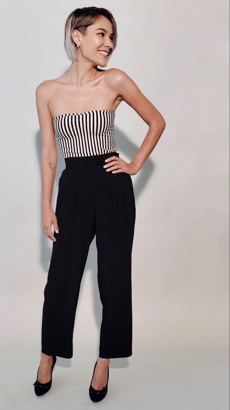 Jetset Pants 1980s Vintage Black Rayon Swishy High-Waisted Pleated Pockets Slim Wide Leg Cropped Ankle or Petite Trousers Size XXS