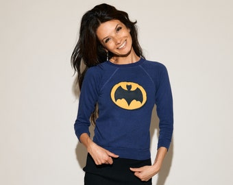 Batman Sweatshirt | 70s Vintage Snuggly Soft Grammy-Made Crew Neck Raglan Sleeve Cuffed Waist Blue Pullover Shirt | XXS