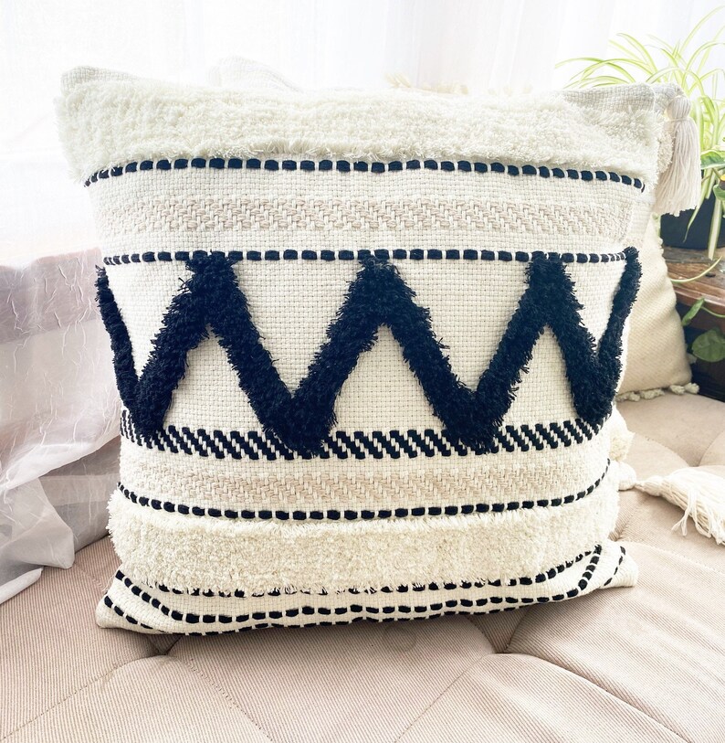 18x18 Pillow Cover white natural cotton and black Pillow Case Texture Boho pillow trim design cotton Pillow Cover
