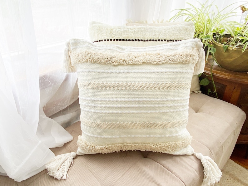 18x18 Pillow Cover white natural cotton and black Pillow Case Texture Boho pillow trim design cotton Pillow Cover