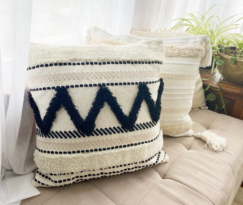 18x18 Pillow Cover white natural cotton and black Pillow Case Texture Boho pillow trim design cotton Pillow Cover