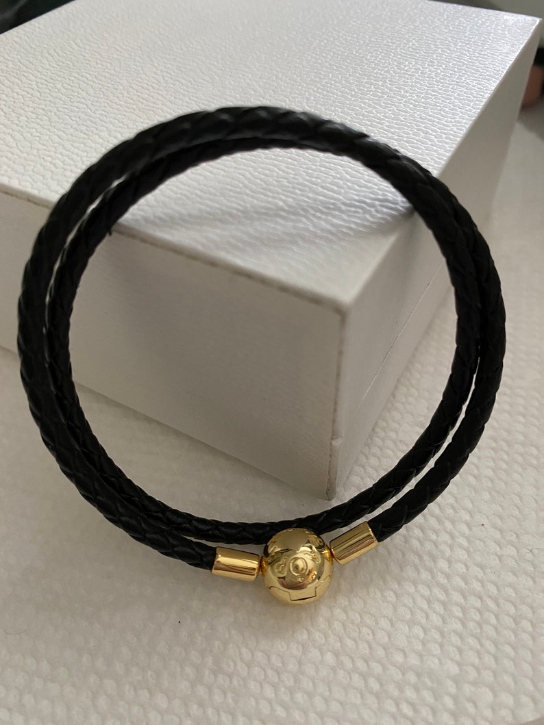 Pandora Bracelet Black Leather Shine 18K Clasp Double Wrap | Etsy