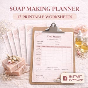 May include: A soap making planner with 12 printable worksheets. The image shows a clipboard with a cure tracker, soap bars, and essential oil bottles. The text on the clipboard reads "Cure Tracker" and "Instant Download".