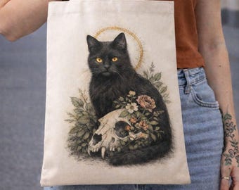 Black Cat and Skull with Florals Tote