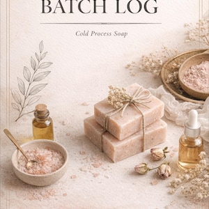 May include: A printable worksheet titled "SOAPMAKING BATCH LOG" for cold process soap recipes. The image features stacked pink soap bars tied with twine, small bottles, a bowl of pink salt, and dried flowers. The text reads: "A printable worksheet for tracking recipes, additives, and cure notes."