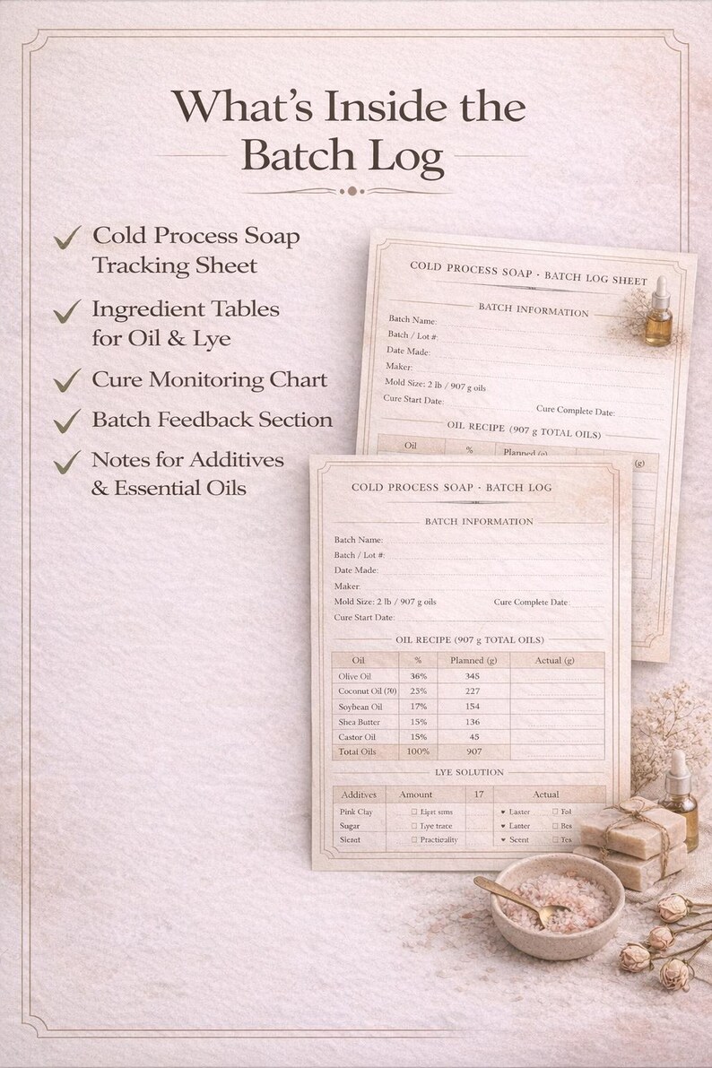 Cold Process Batch Image Cold Process Soapmaking Batch Log | Recipe, Additive, Cure Tracker (PDF ...