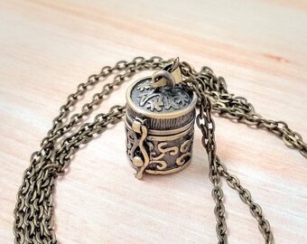 Antique brass openable pendant necklace, pendant with small openable round box