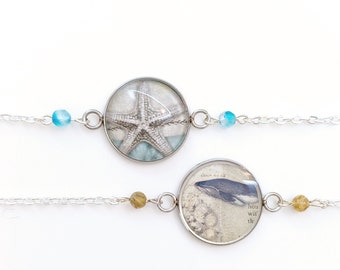 Bracciali tema mare con stella marina e balena, bracciali con pietre di agata, bracciali con animali marini, gioielli stella marina e balena