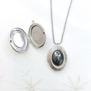 Vintage Style Oval Photo Locket with Hematite Stone, Custom Photo Print Photo Pendant