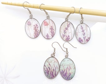 Boucles d'oreilles pendantes avec motif lavande, boucles d'oreilles artisanales avec lavande dans différents motifs, boucles d'oreilles avec lavande, boucles d'oreilles papillon