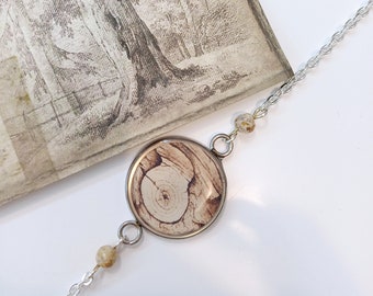 Bracelet avec pierres d'agate et image d'écorce d'arbre, bracelet à longueur réglable, bracelet avec image en bois d'arbre