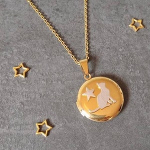 Golden photo pendant with hand painted cat and silver star and custom photo print