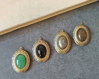 Medaglione portafoto ovale in stile vintage con pietra preziosa, ciondolo portafoto con cabochon di pietre dure, stampa foto personalizzata