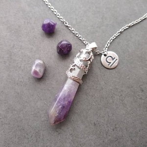 Purple Amethyst Quartz Crystal Necklace with Zodiac Sign Engraving Charm, Personalized Zodiac Necklace