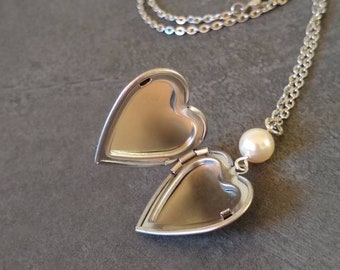 Collana con ciondolo portafoto a cuore e perla bianca, medaglione cuore portafoto ciondolo apribile