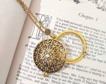 Magnifying Glass Necklace with Gold Decorative Pendant with Support Chain