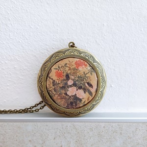 Large vintage style photo locket with colorful flowers, flower photo charm and personalized photo print