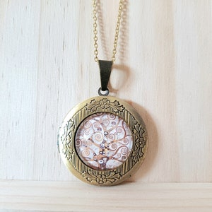 Medaglione portafoto stile vintage con albero della vita di Klimt, pendente portafoto con stampa foto personalizzata, collana Klimt inspired