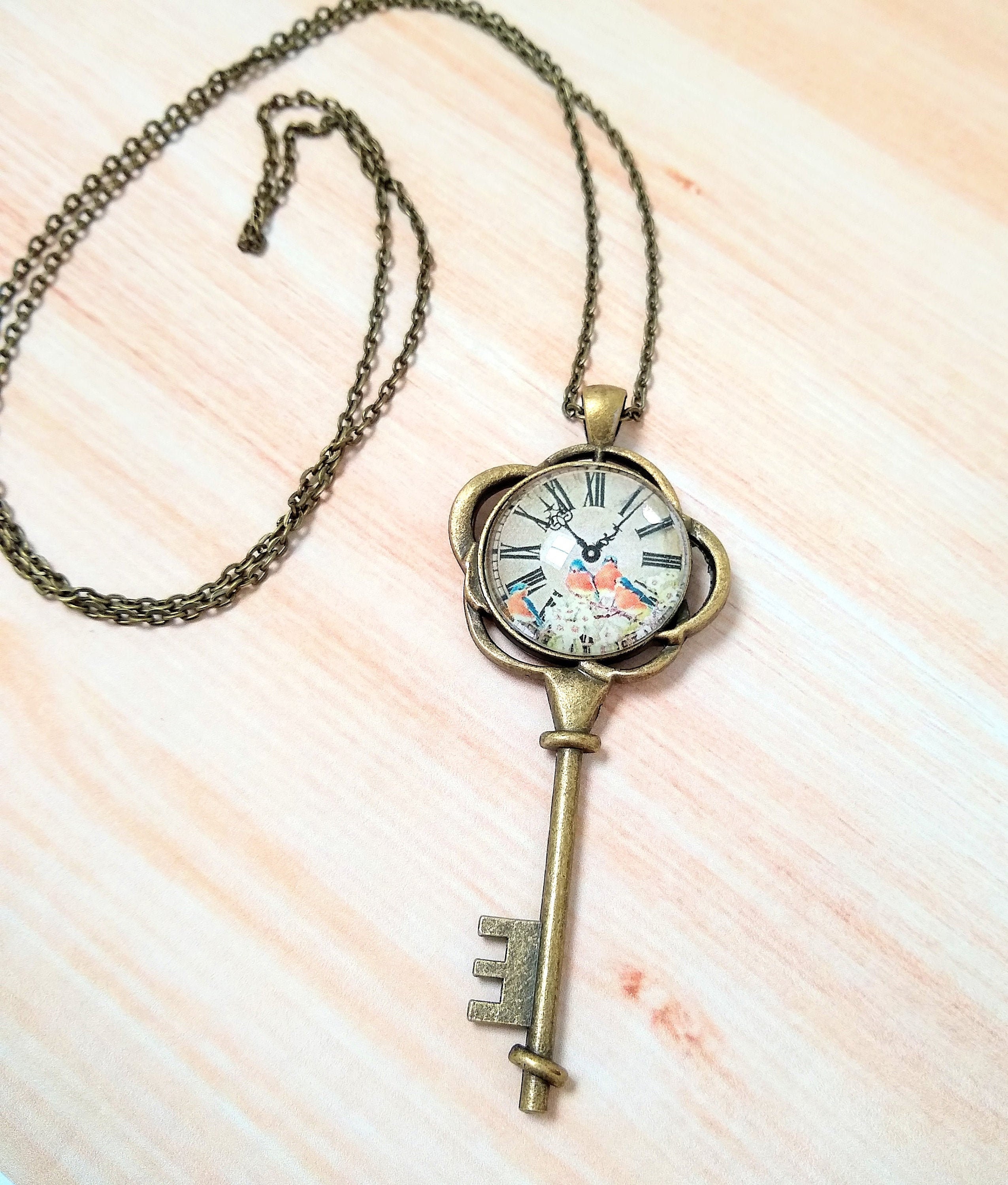 Vintage clock skeleton key necklace in antique bronze, antique bronze key necklace, vintage inspired skeleton key necklace