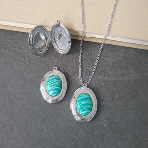 Oval photo locket with blue amazonite stone, photo pendant with personalized photo print