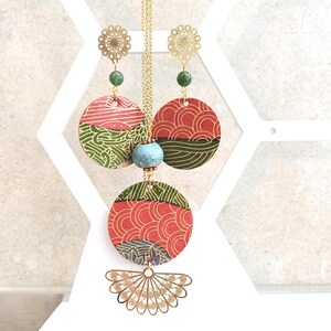 Set collana e orecchini in carta artigianale giapponese washi con ventaglio dorato, parure con perle di agata muschiata e ceramica greca