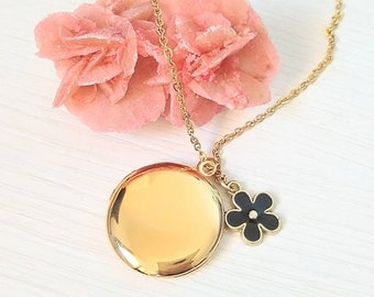 Collana con ciondolo portafoto dorato e fiore nero, medaglione portafoto con possibilità di stampa foto personalizzata