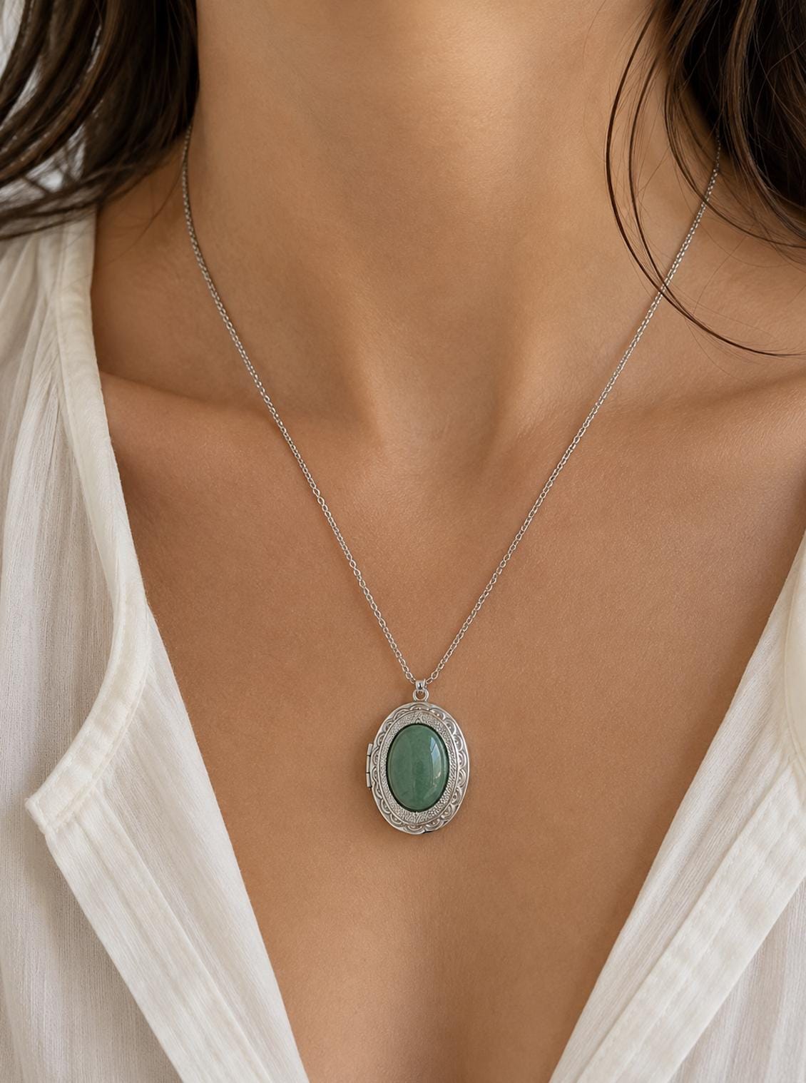 Vintage Style Oval Photo Locket with Green Aventurine Stone, Personalized Photo Print Pendant