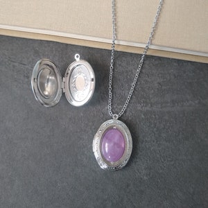 Vintage Style Oval Photo Locket with Amethyst Quartz Stone, Personalized Photo Print Photo Holder Pendant