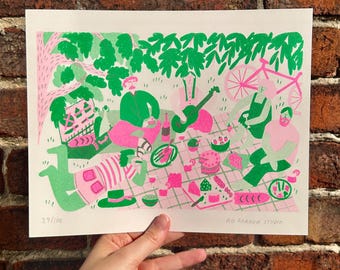 Picknick im Park, Risograph Print, 2-farbig, Riso Kunst