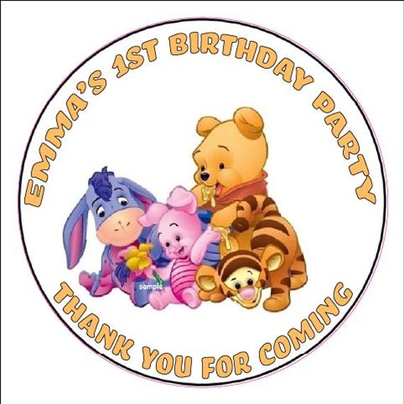 24 Personalized 3" Winnie the pooh and gang stickers Birthday, Baby shower