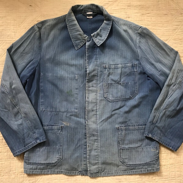 Vintage French chore jacket cotton indigo HBT blue worker work  fade