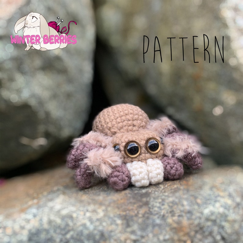 May include: Crochet pattern for a brown and pink jumping spider with large black eyes. The spider is sitting on a rock.