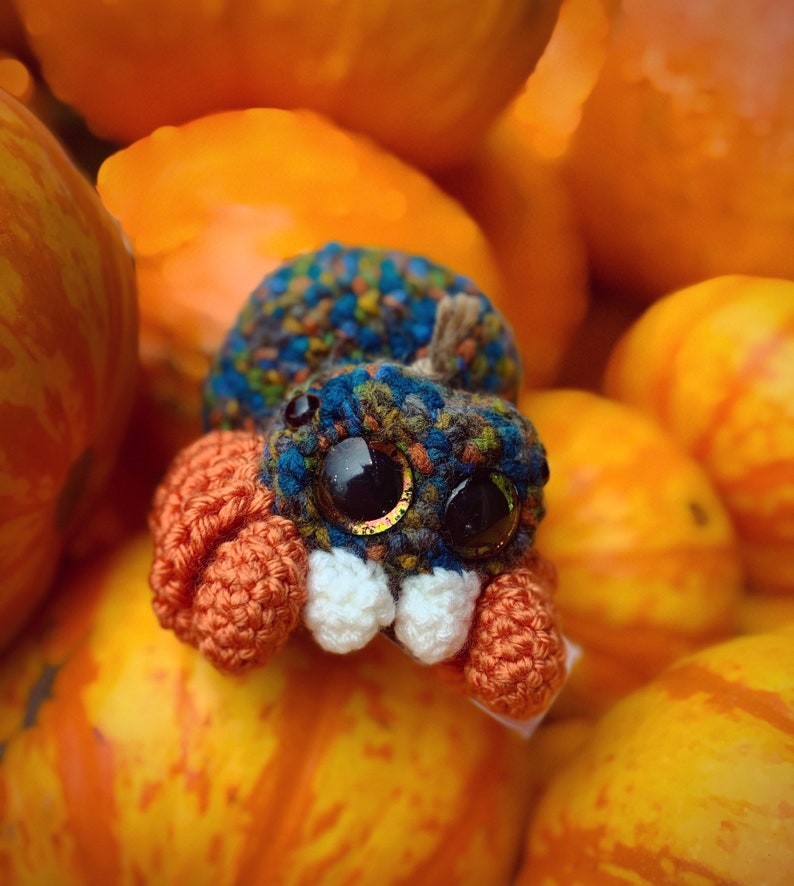 May include: A crocheted spider toy with large, colorful eyes. The spider is sitting on a pile of orange and yellow tomatoes.