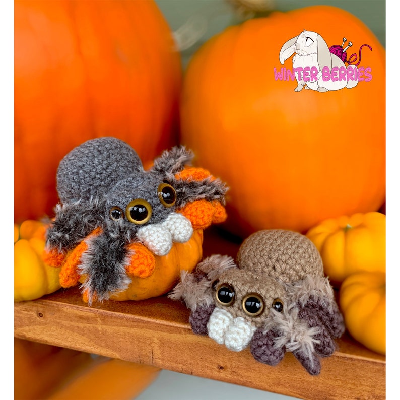 May include: Two crocheted spider toys with large googly eyes sitting on a wooden surface with orange pumpkins. The spiders are brown and gray with orange legs and fuzzy brown bodies.  The text "winter berries" is visible in the background.