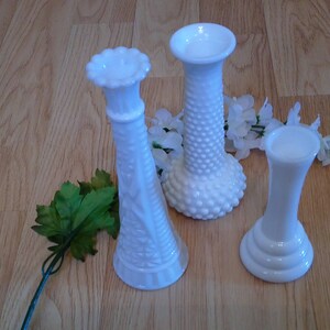 Milk Glass Vases, Set of 3, Hobnail