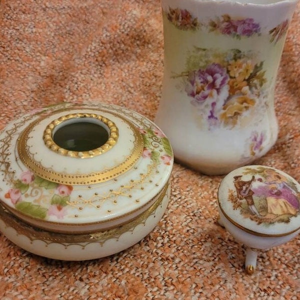 Vanity Storage Items, Bavarian Cup/ Vase, Limoges Jewelry Box, Hair Receiver