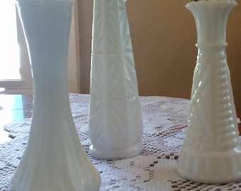 Milk Glass Vases, Set of 3 Geometric