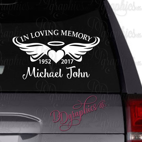 In Loving Memory vinyl car decal/Personalized decal/memorium/angel wings/heart/halo/dates/personalize