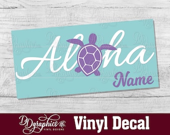 Aloha Sea Turtle Personalized Vinyl Decal, Custom Seaturtle Sticker with Name, Car window Decal, Hawaiian, Gift, Tropical, tumbler, laptop