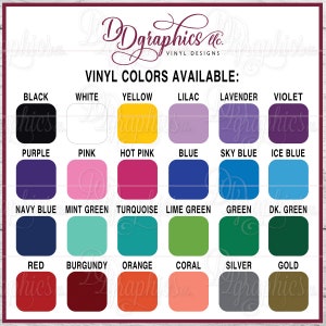 Op de afbeelding: Een tabel met de beschikbare vinylkleuren om te kopen. De kleuren zijn gerangschikt in rijen en kolommen, met de kleurnaam onder elke kleurstaal. De kleuren omvatten zwart, wit, geel, lila, lavendel, violet, paars, roze, roze, blauw, lichtblauw, ijsblauw, donkerblauw, mintgroen, turquoise, limoengroen, groen, donkergroen, rood, bordeaux, oranje, koraal, zilver en goud.