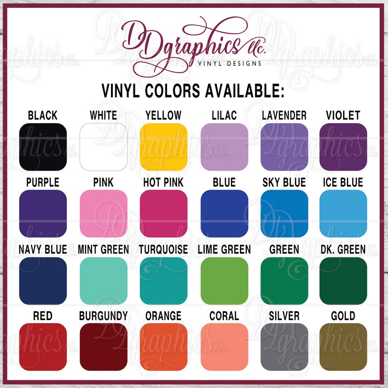 Op de afbeelding: Een tabel met de beschikbare vinylkleuren om te kopen. De kleuren zijn gerangschikt in rijen en kolommen, met de kleurnaam onder elke kleurstaal. De kleuren omvatten zwart, wit, geel, lila, lavendel, violet, paars, roze, roze, blauw, lichtblauw, ijsblauw, donkerblauw, mintgroen, turquoise, limoengroen, groen, donkergroen, rood, bordeaux, oranje, koraal, zilver en goud.